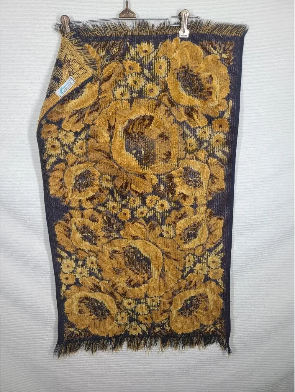 Vtg 70s Fieldcrest Poppies Bath Towel Black Gold 100% Cotton Bathmat Retro Rare